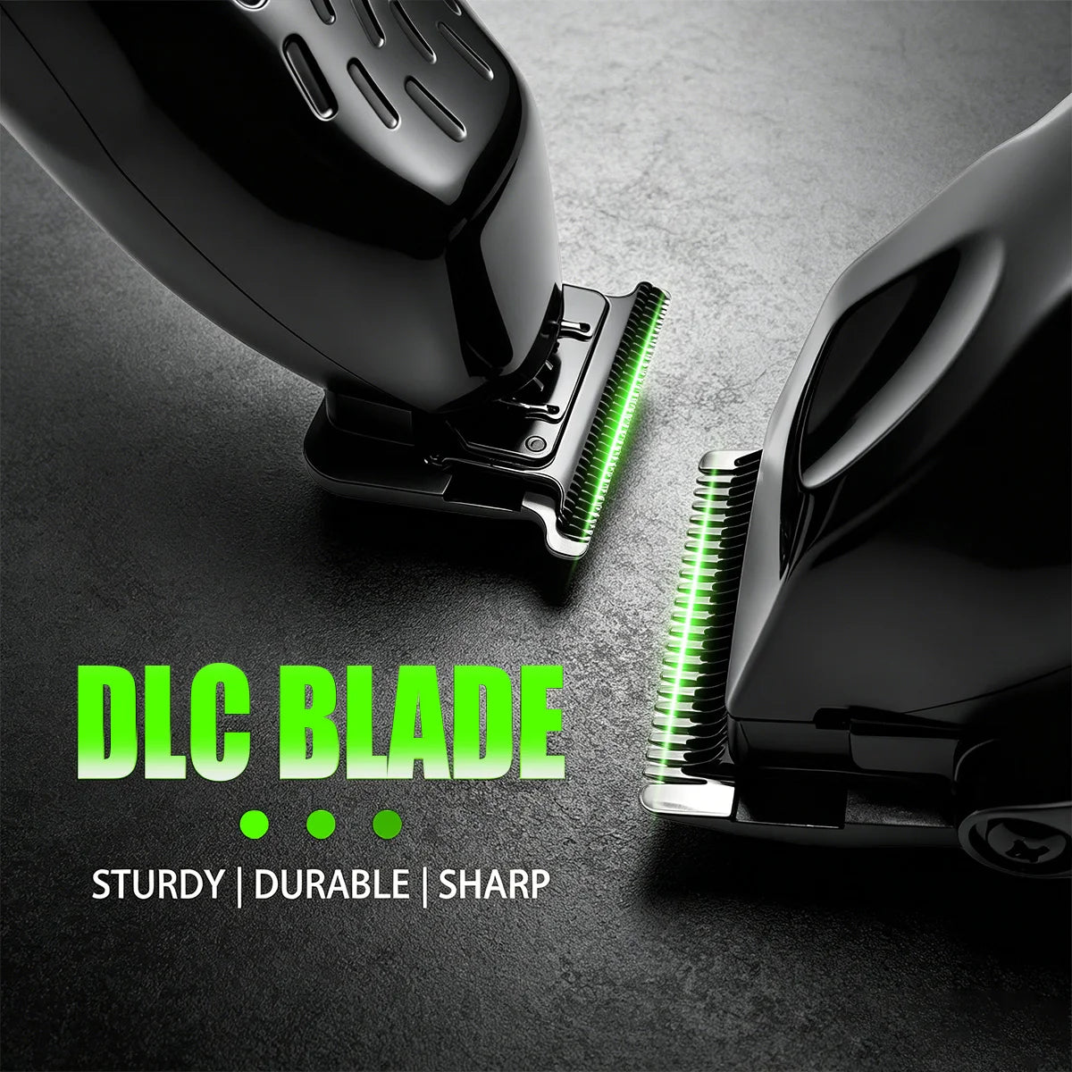 Close-up of a black electric hair clipper blade with a green LED display, emphasizing its sturdy, durable, and sharp features