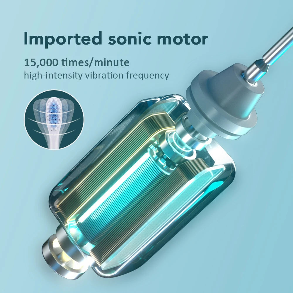 An imported sonic motor device with a clear glass body and silver tip, showing high-intensity vibration technology.