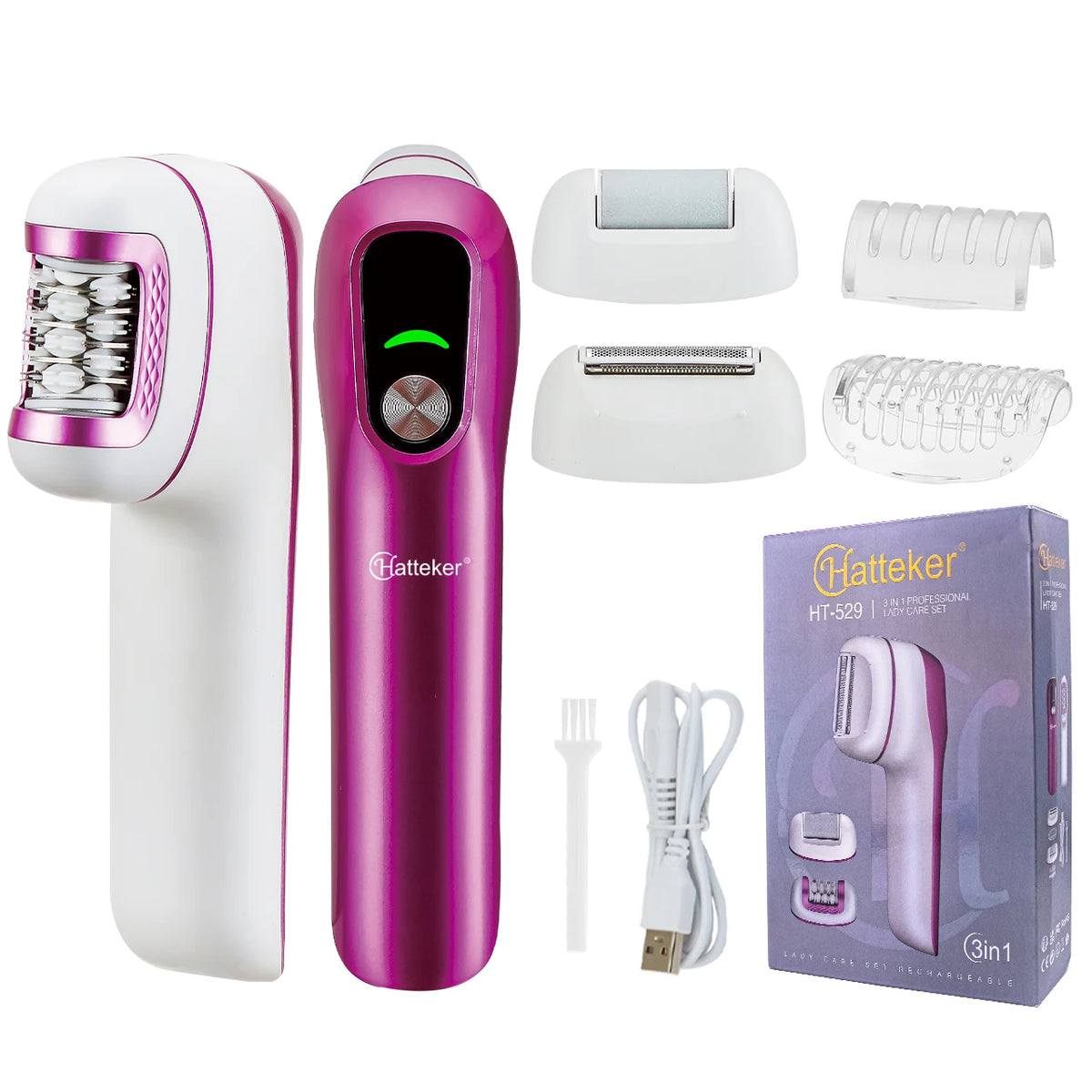 A set of Hatteker 2-in-1 rotary body and facial hair removers in pink and white.