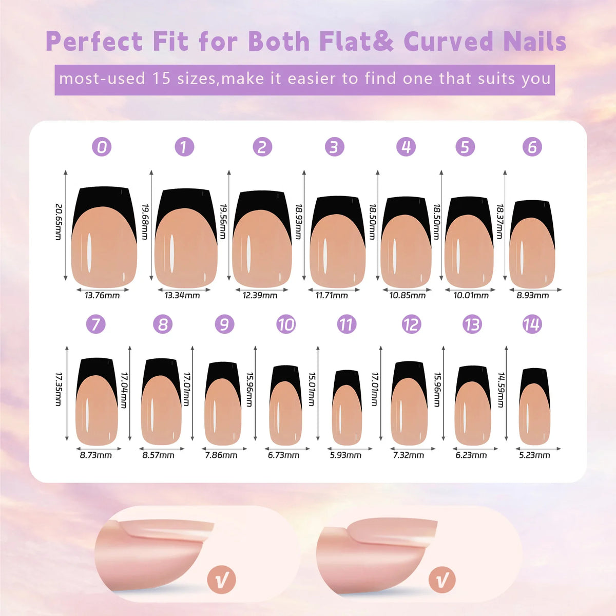 A set of 15 almond press-on nails in rich coffee black showing various sizes and shapes.