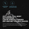 A close-up of a black electric shaver with features indicating it is IPX7 waterproof and can be rinsed directly.