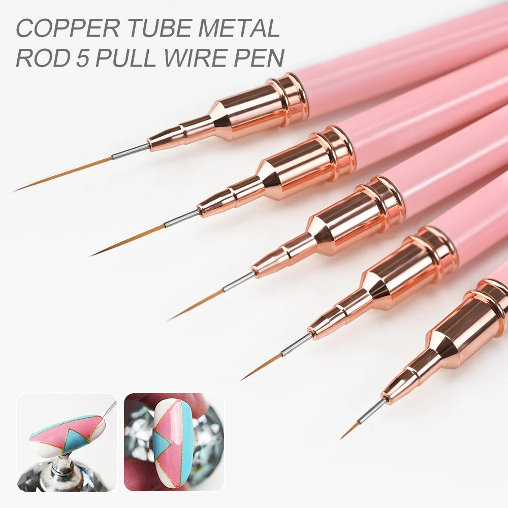 A set of copper tube metal rod 5 pull wire pens used for nail art liner application.