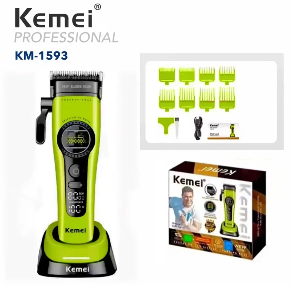 A lime green Kemel professional rechargeable hair clipper and trimmer set with various attachments.