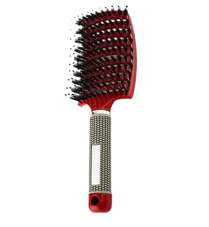 A red nylon bristle detangling comb with a metal handle is shown against a white background.