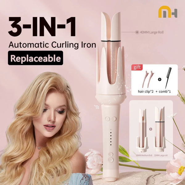 A white automatic curling iron with interchangeable rods is shown next to a woman's hair.