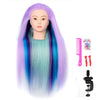 A professional cosmetology mannequin head with long, multi-colored hair featuring purple, blue, and mint green shades.