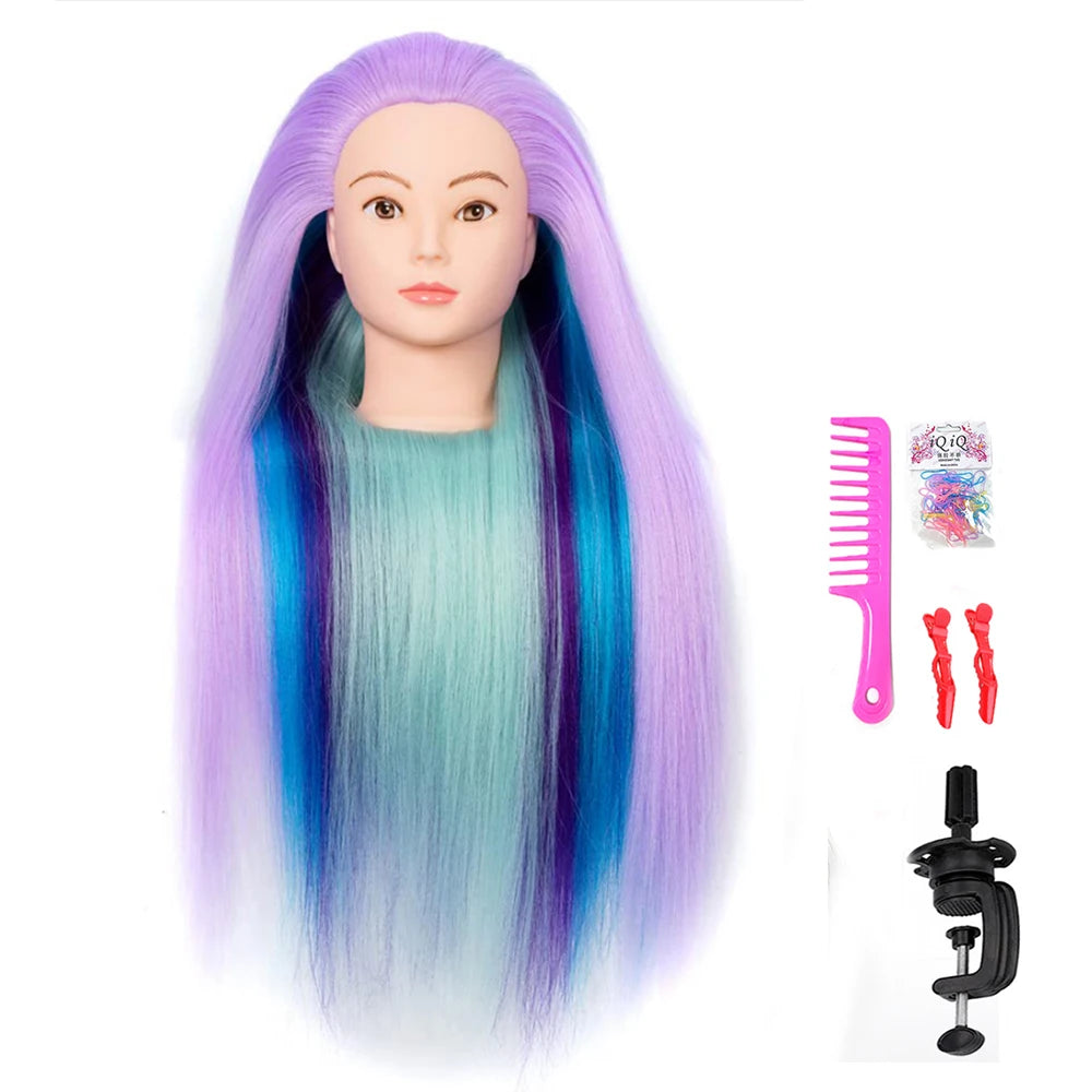 A professional cosmetology mannequin head with long, multi-colored hair featuring purple, blue, and mint green shades.