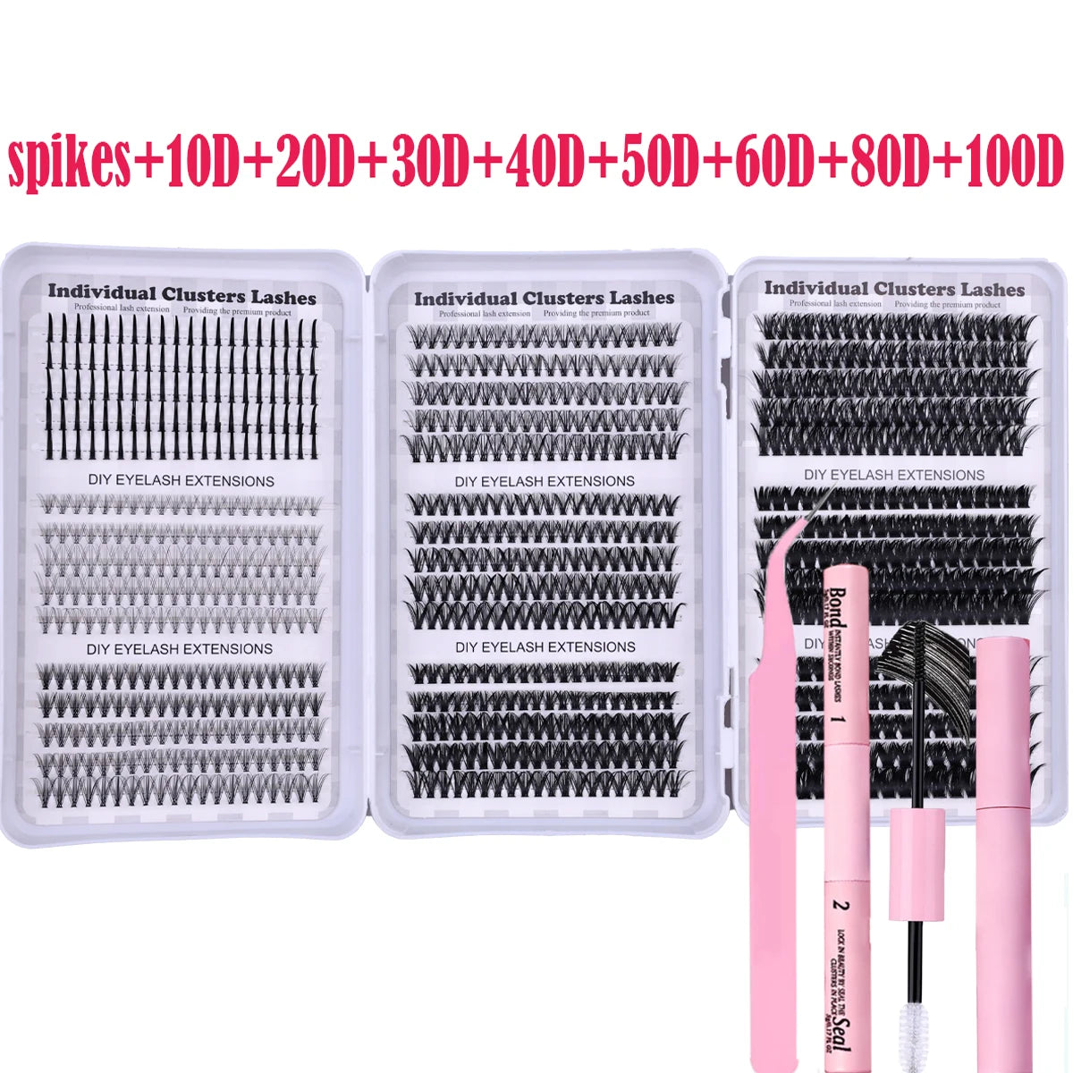 A set of individual clusters lashes in various lengths and styles packaged for DIY eyelash extensions.