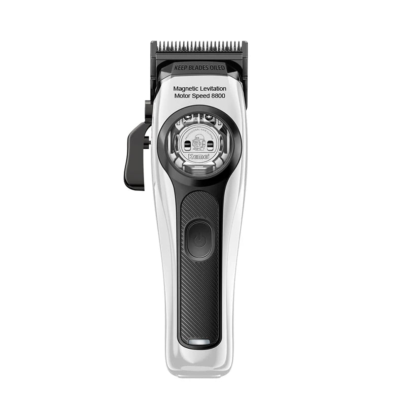 Weiße professionelle magnetische Haarschere mit schwarzen Akzenten und strukturiertem Griff.