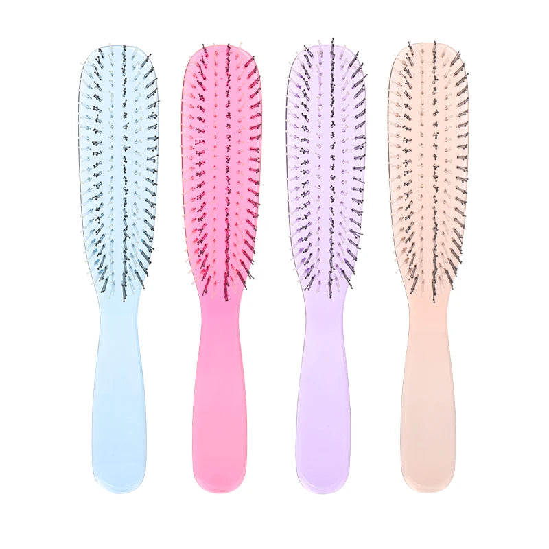 Three scalp massage combs in light blue, pink, and lavender shades for hair detangling