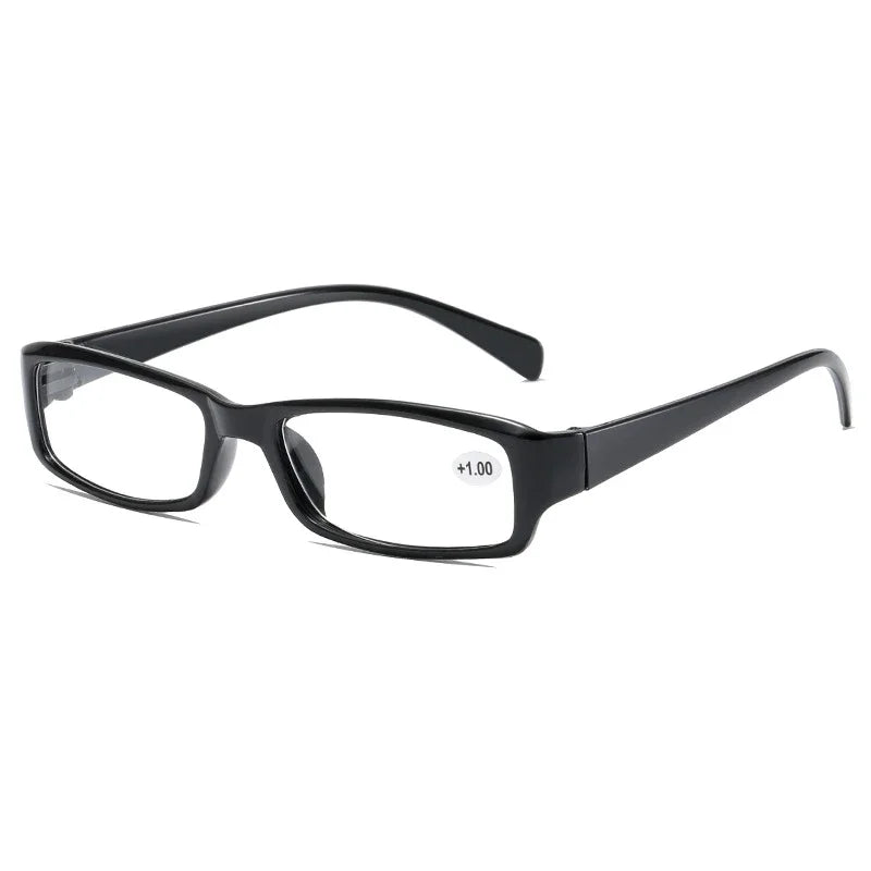A pair of black rectangular reading glasses with clear lenses and a black frame.