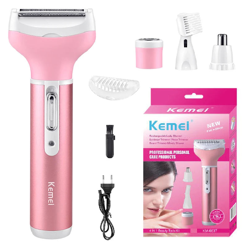 Pink Kemei 4-in-1 multi-function body and facial shaver with various attachments.