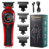 A red and black professional hair clipper with various attachments shown on a white background.