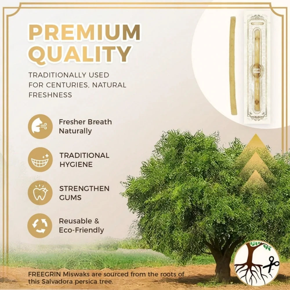 A product image showing a natural miswak toothbrush set derived from the roots of a Salvadora persica tree.