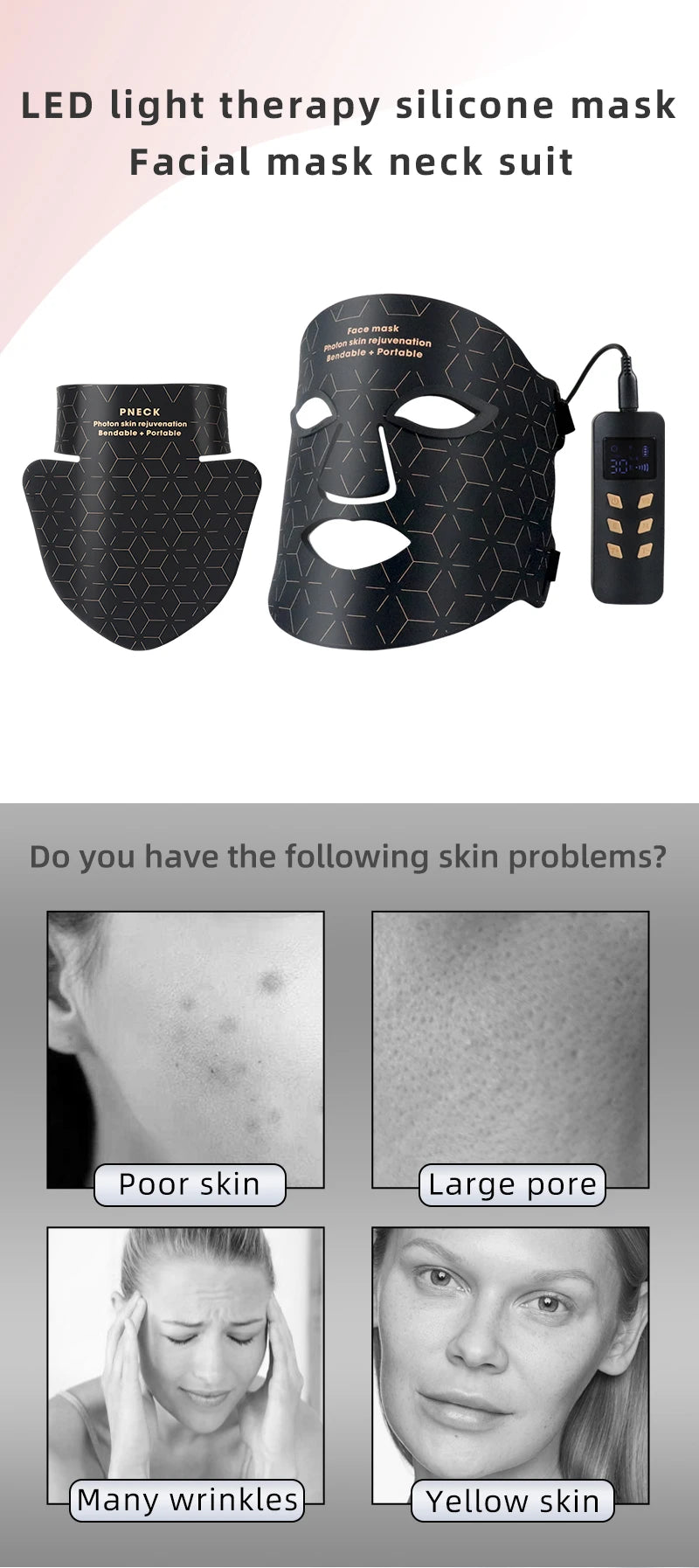 A black silicone LED light therapy mask used for facial and neck treatment.
