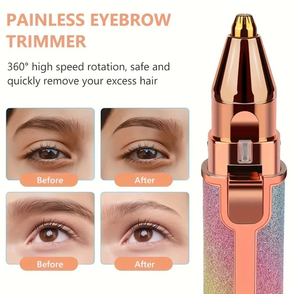 Primer plano de un recortador eléctrico de cejas dorado rosa con cuerpo degradado púrpura, mostrando resultados antes y despu