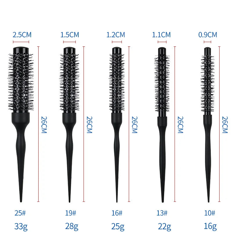 A set of professional curly round hair combs in various sizes and thicknesses with corresponding weights.