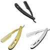 A set of professional stainless steel straight edge barber razors, including a black and a gold handle.