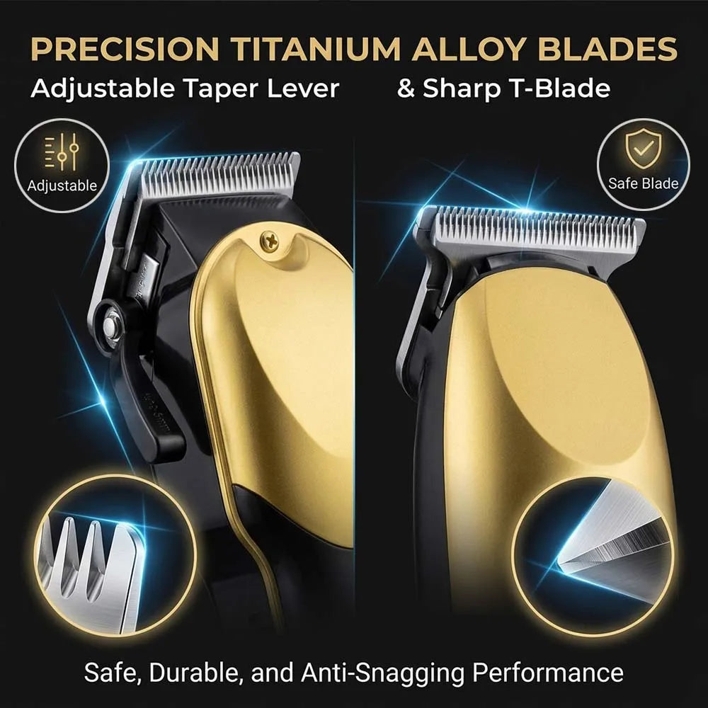 Precision titanium alloy blades and adjustable taper lever of a professional hair clipper grooming kit
