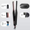 A black adjustable flat iron with features including an anti-scald design, PTC heater, safety lock, and a 360-degree swivel c