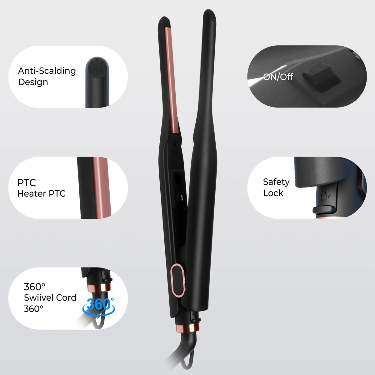 A black adjustable flat iron with features including an anti-scald design, PTC heater, safety lock, and a 360-degree swivel c