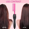 Before and after comparison of a pink electric hot comb hair straightener on dark brown hair.