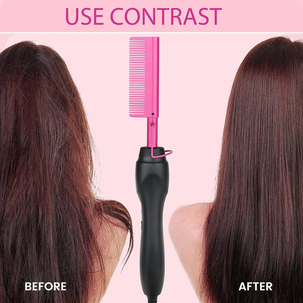 Comparación antes y después de un secador de cabello eléctrico rosa en cabello castaño oscuro.
