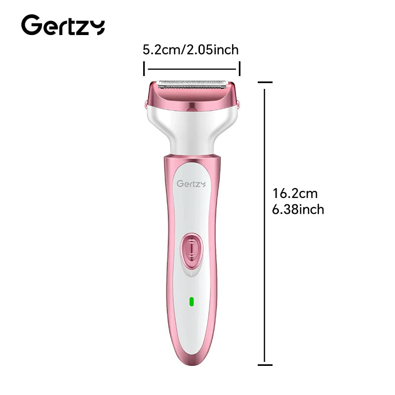 A pink and white electric shaver with a detachable head is shown next to dimension lines.