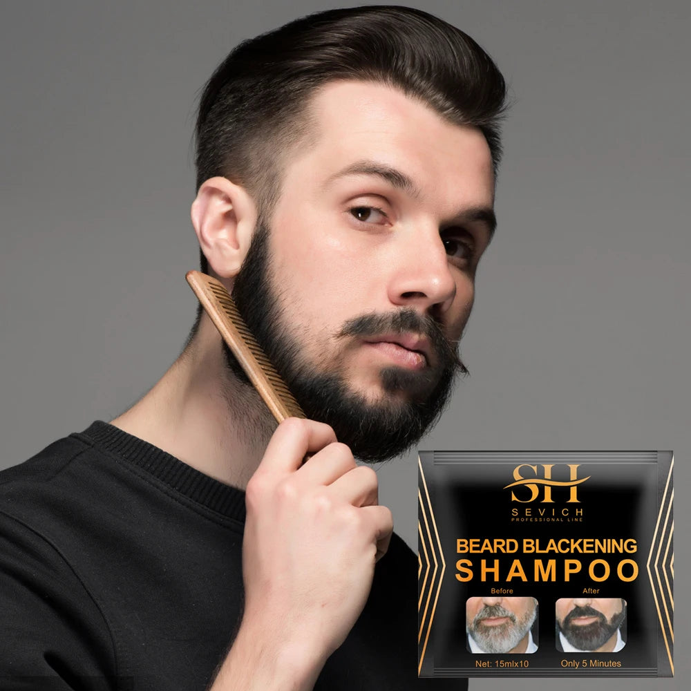 A man is shown applying a beard blackening shampoo to his face.