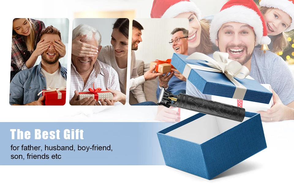A collection of gift ideas featuring various wrapped presents and a cordless hair trimmer kit for men.