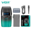 A VGR professional cordless hair trimmer set including the trimmer, charger, and storage pouch.