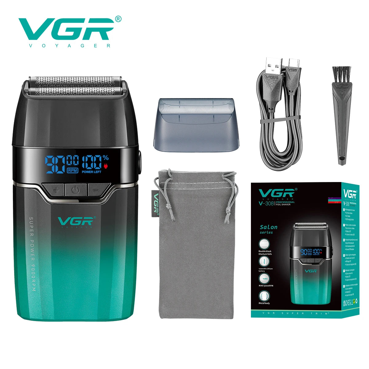 A VGR professional cordless hair trimmer set including the trimmer, charger, and storage pouch.