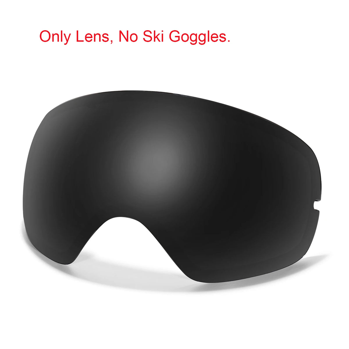 A black lens is shown on a sports goggle frame, emphasizing that it is only a lens and not full goggles.