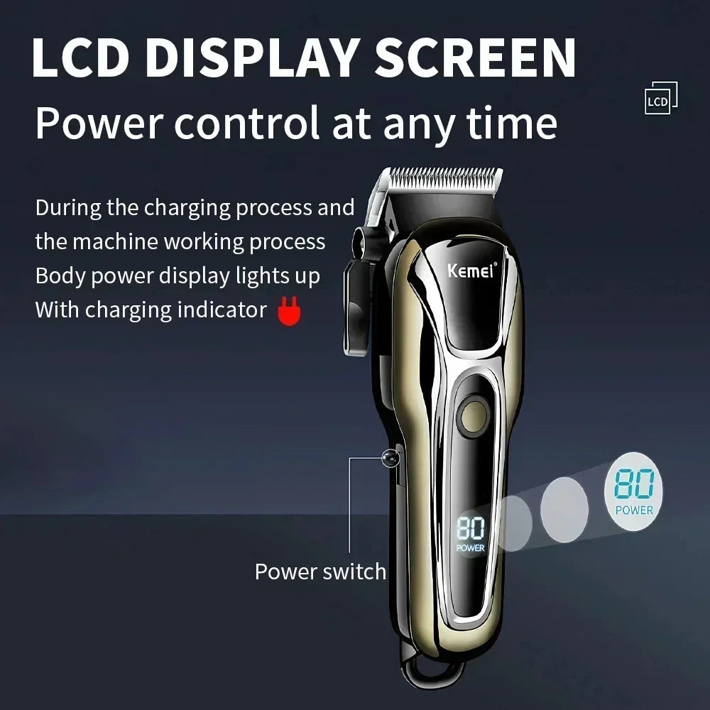 A close-up of a Kemel cordless hair trimmer showing the LCD display screen and power switch.