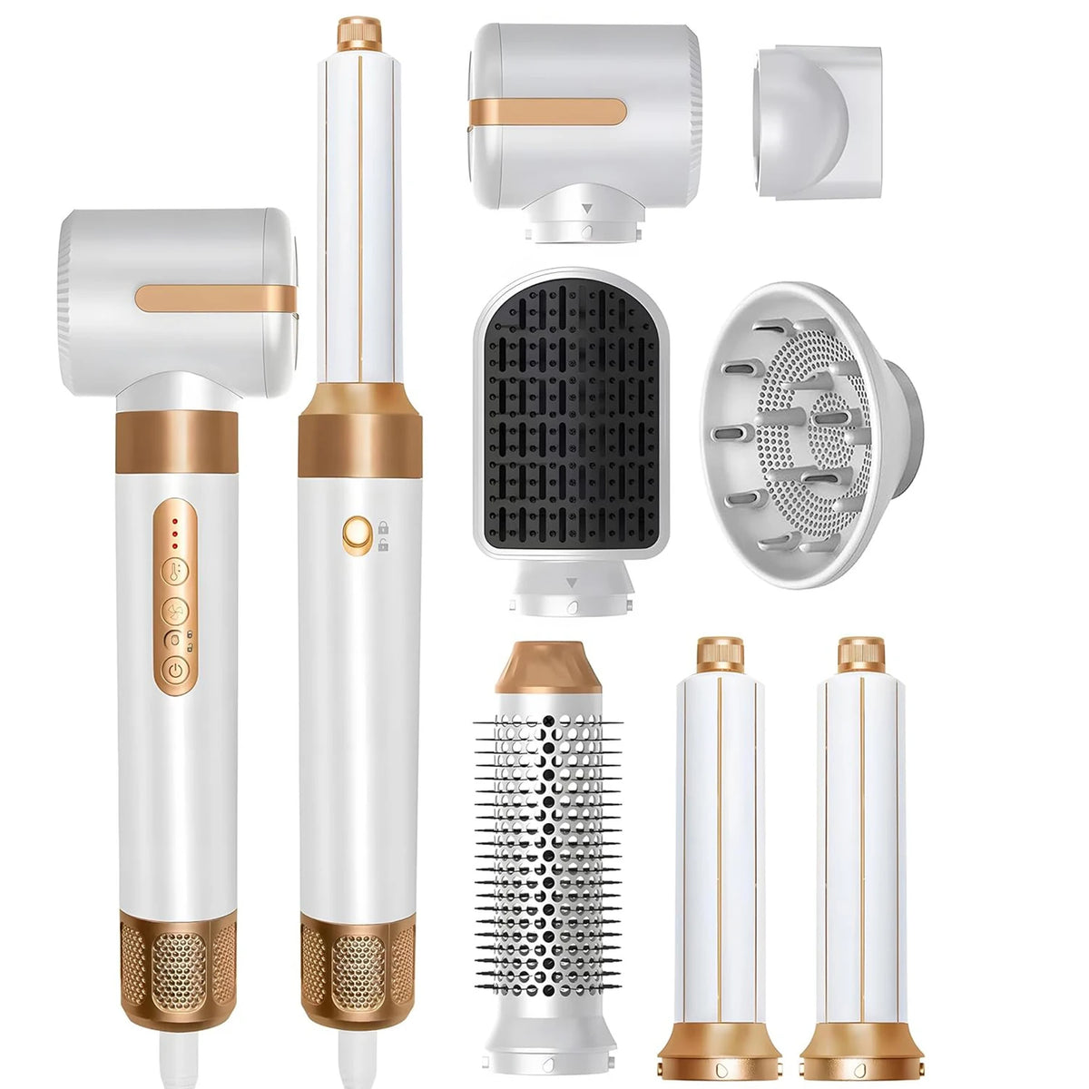 A collection of hair styling tools including a vertical dryer brush, round dryer, and various attachments.