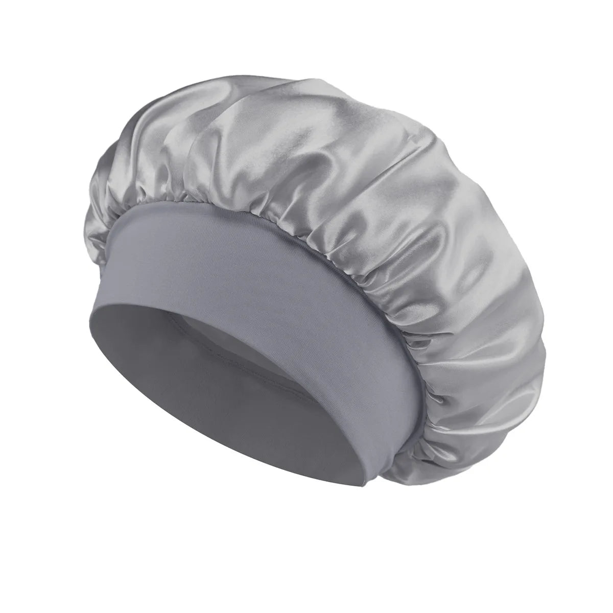 Weicher Satin-Haube in hellgrauer Farbe, von der Seite gezeigt.