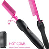 A pink electric hot comb hair straightener with a black handle and a black comb attachment.
