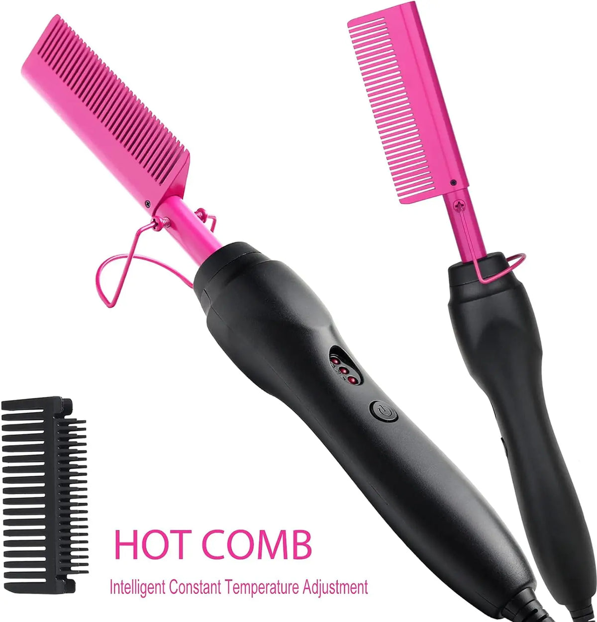 A pink electric hot comb hair straightener with a black handle and a black comb attachment.