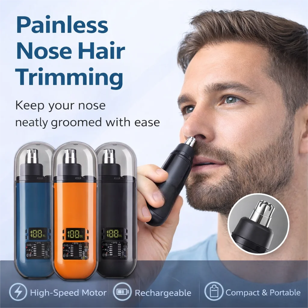 A man is using a portable electric nose hair trimmer, with three versions of the trimmer shown and features listed.