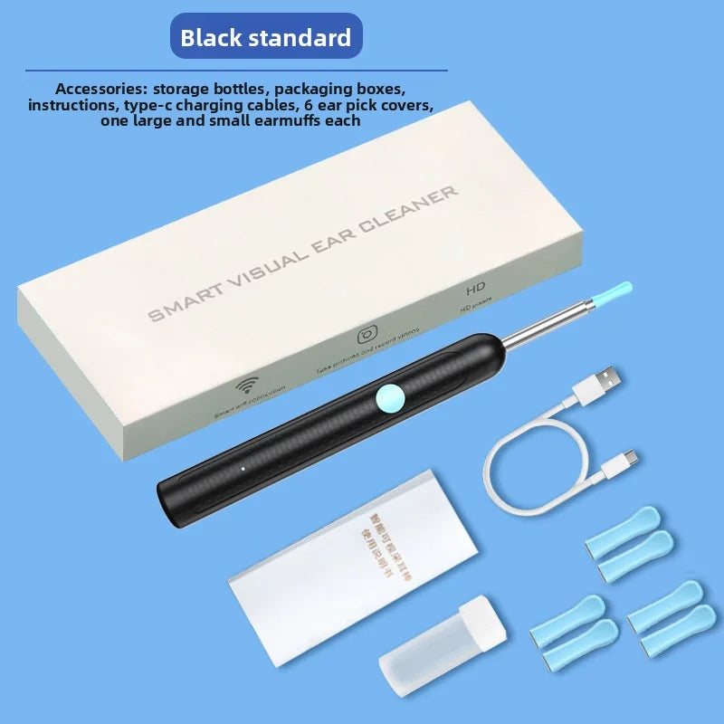 A white box and black cleaning tool kit for smart visual ear cleaning includes bottles, boxes, instructions, cables, and ear 