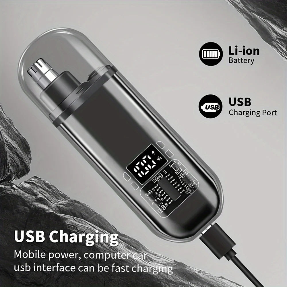 Silberner USB-Lade-Nasen- und Ohrhaartrimmer mit Batterie und Ladeanschluss.