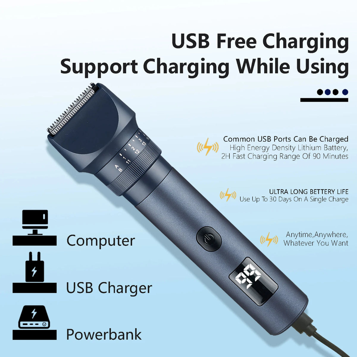 A dark gray USB free charging support device for electric beard trimming and body grooming.