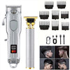 A professional cordless hair clipper set showing various attachments and a main body for hair cutting.