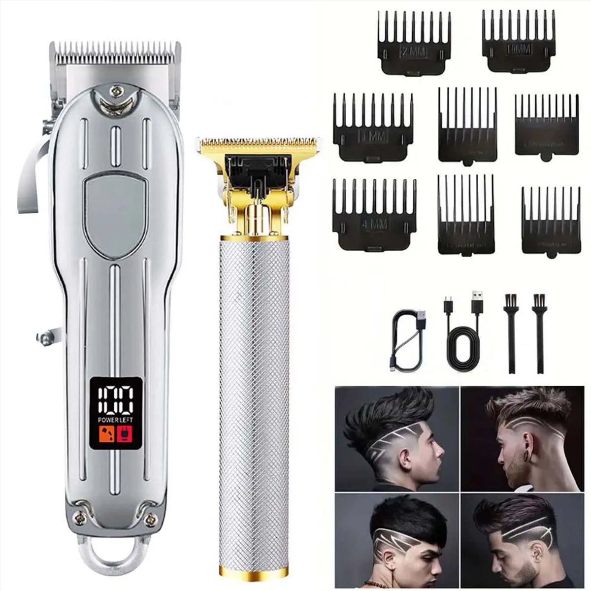 A professional cordless hair clipper set showing various attachments and a main body for hair cutting.