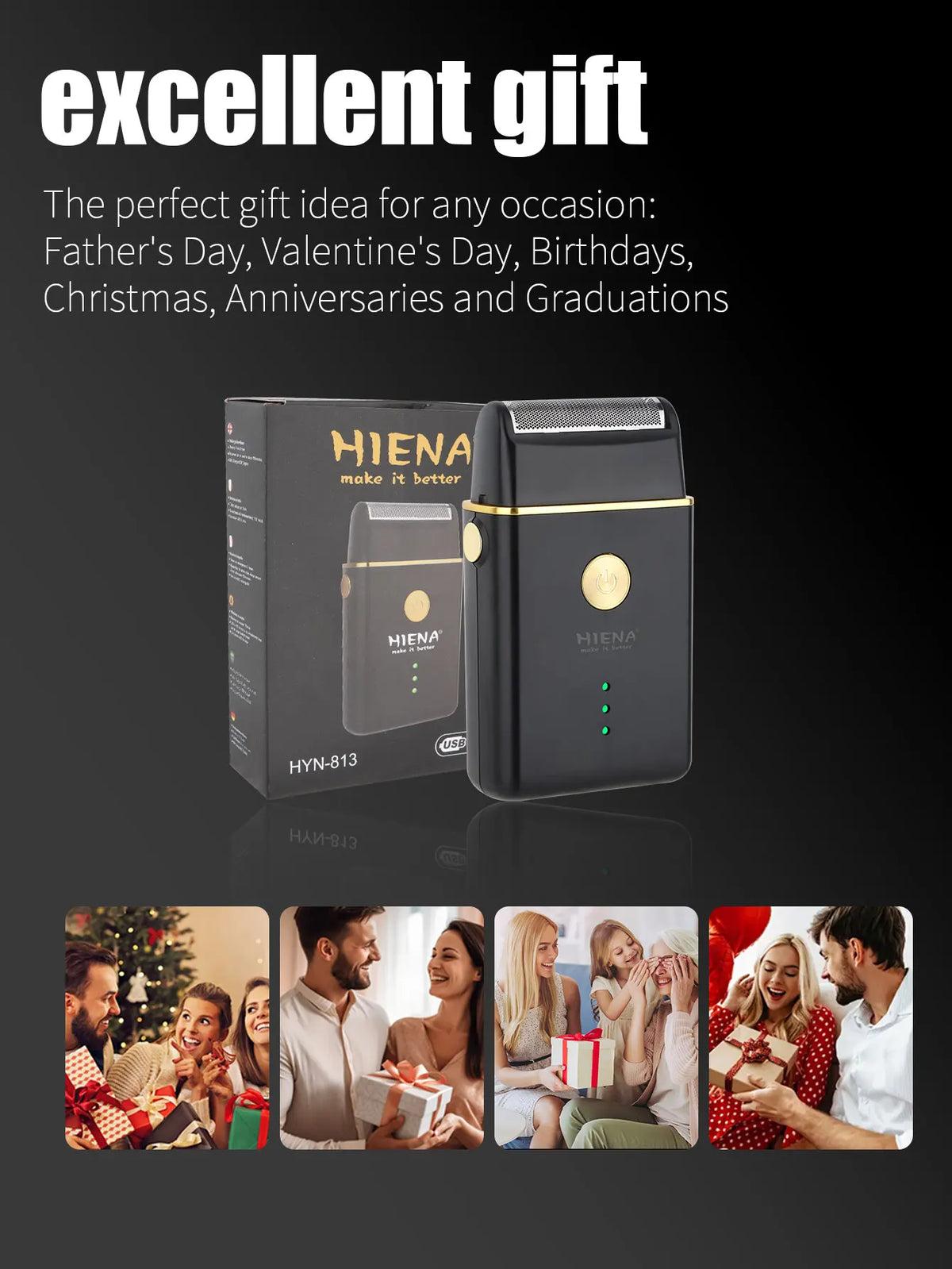 A black electric hair clipper set with a gold accent, shown next to various gift scenarios.