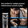 A black Kemei multi-functional cosmetic styling machine shown with various shaving applications on the chest, armpit, and bik