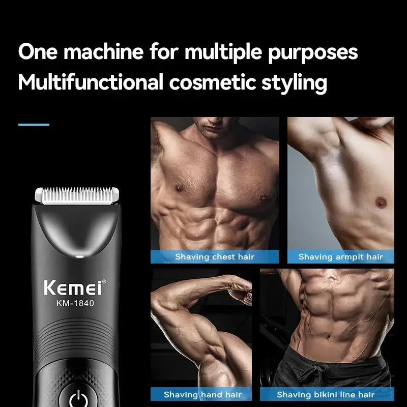 A black Kemei multi-functional cosmetic styling machine shown with various shaving applications on the chest, armpit, and bik