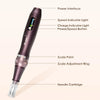 A close-up view of a Dr.Pen microneedling pen showing various components like the power interface, indicator lights, and need
