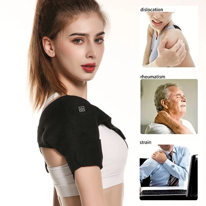 A woman is shown wearing a black USB heated shoulder massage belt for muscle relief.