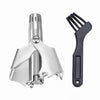 A portable stainless steel nose and ear hair trimmer with a protective guard and a separate comb attachment.